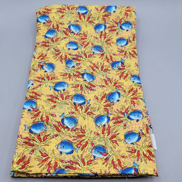 Tropical Fish and Coral Print Yellow Blue Red Cotton Fabric 3 Yards - Picture 1 of 2